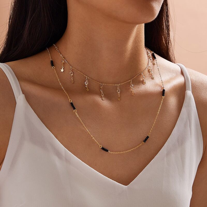 

1pc Star & Rhinestone Charm Layered Necklace, Gold