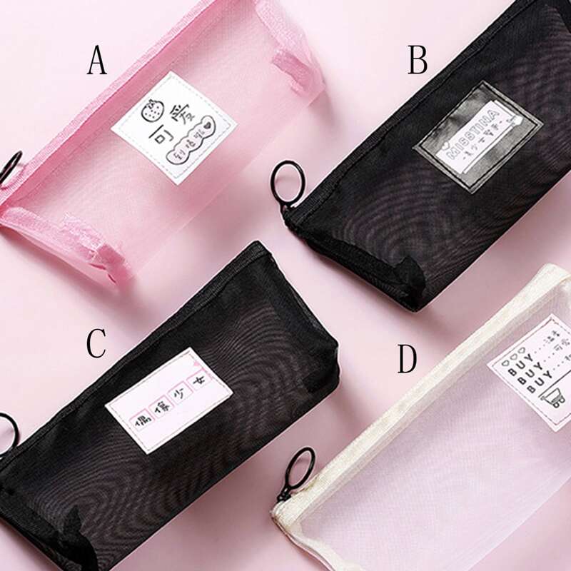 

1pc Letter Lable Detail Mesh Pencil Bag