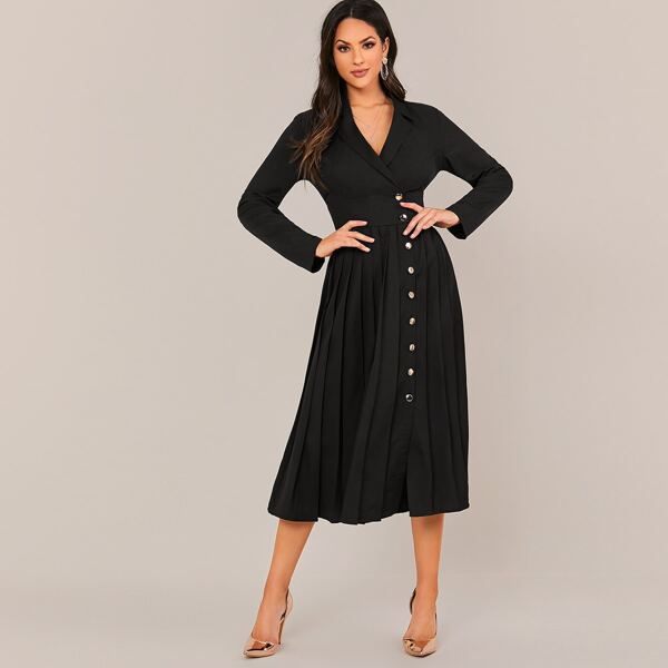 

Notched Collar Buttoned Front Pleated Blazer Dress, Black