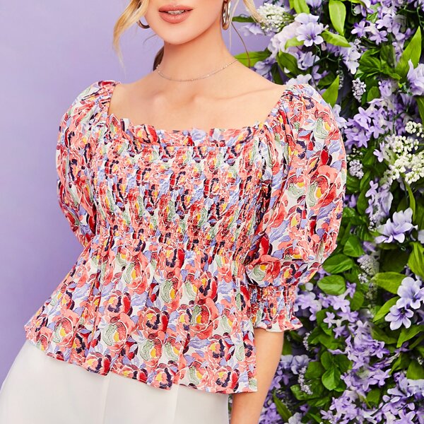 

Square Neck Ruffle Trim Floral Print Shirred Peplum Top, Multicolor
