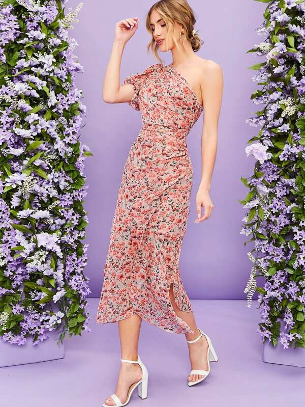 SHEIN Belle One Shoulder Ruched Ruffle Hem Floral Dress SHEIN UK
