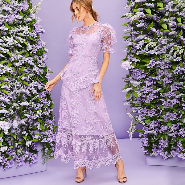 

Puff Sleeve Ruffle Trim Embroidered Mesh Overlay Dress, Purple pastel