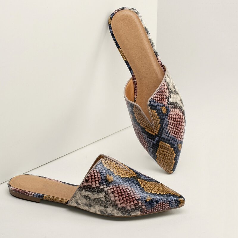 

Snakeskin Pointed Toe Slip On Flat Mules, Multicolor