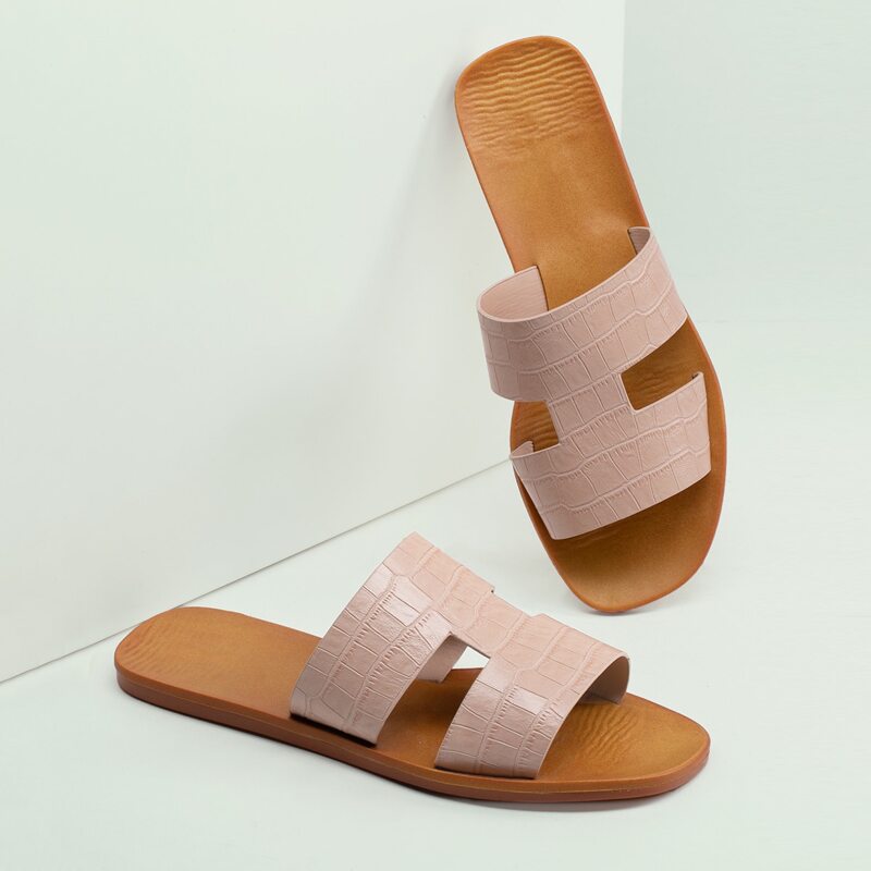 

Dual Cut Out Croc Embossed Flat Slide Sandals, Pink