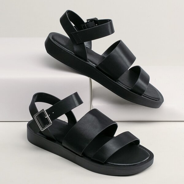 

Square Open Toe Buckled Ankle Flatform Sandals, Black