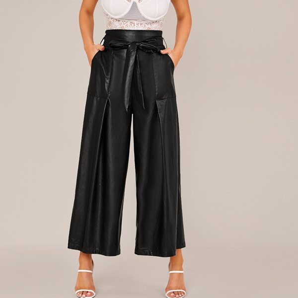 

Self Belted Patch Pocket Wide Leg PU Leather Pants, Black