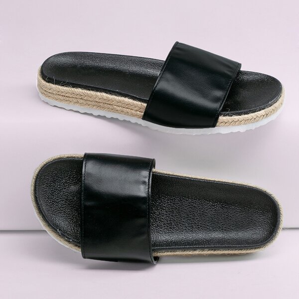 

Jute Trim Wide Band Footbed Slide Sandals, Black