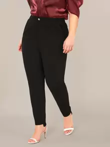 Chikora Plus Elastic Waist Slant Pocket High-low Hem Trousers - Black - View 3