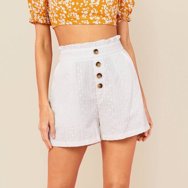 

Paperbag Waist Button Front Schiffy Shorts, White
