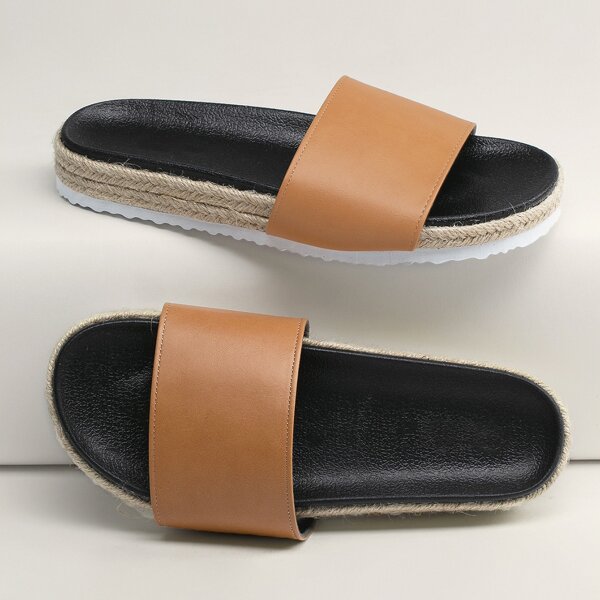 

Jute Accent Open Toe Band Foam Sole Slide Sandals, Brown