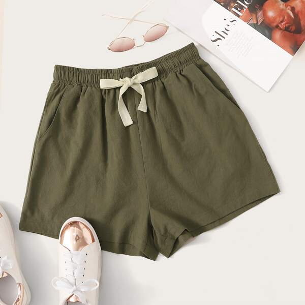 

Drawstring Waist Slant Pocket Shorts, Army green