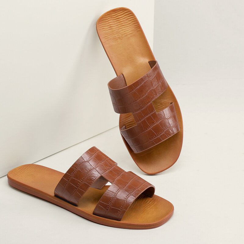 

Alligator Detail Open Toe Flat Slide Sandals, Brown