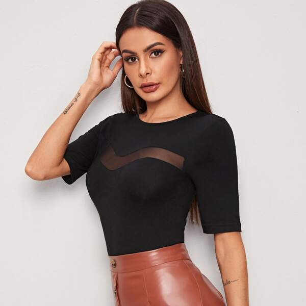 

Mesh Insert Fitted Top, Black