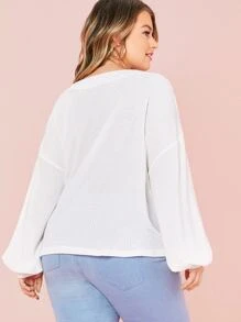 SHEIN LUNE Plus V-neck Drop Shoulder Lantern Sleeve Textured Top - White - View 2