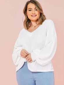 SHEIN LUNE Plus V-neck Drop Shoulder Lantern Sleeve Textured Top - White - View 3