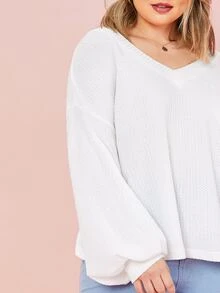 SHEIN LUNE Plus V-neck Drop Shoulder Lantern Sleeve Textured Top - White - View 4