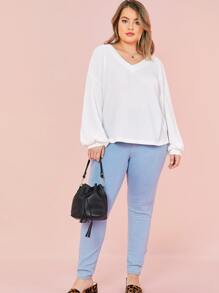 SHEIN LUNE Plus V-neck Drop Shoulder Lantern Sleeve Textured Top - White - View 5