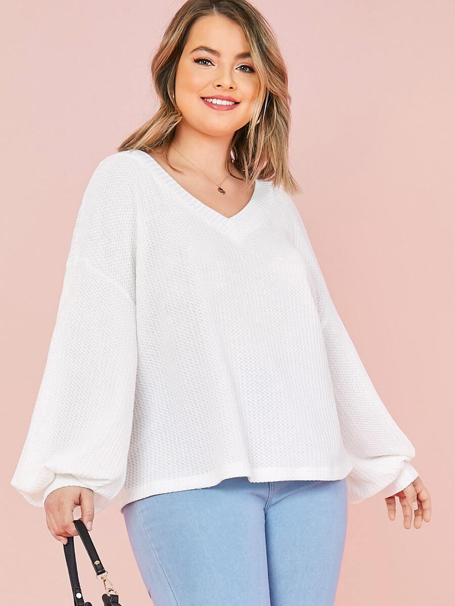 SHEIN LUNE Plus V-neck Drop Shoulder Lantern Sleeve Textured Top - White - View 1
