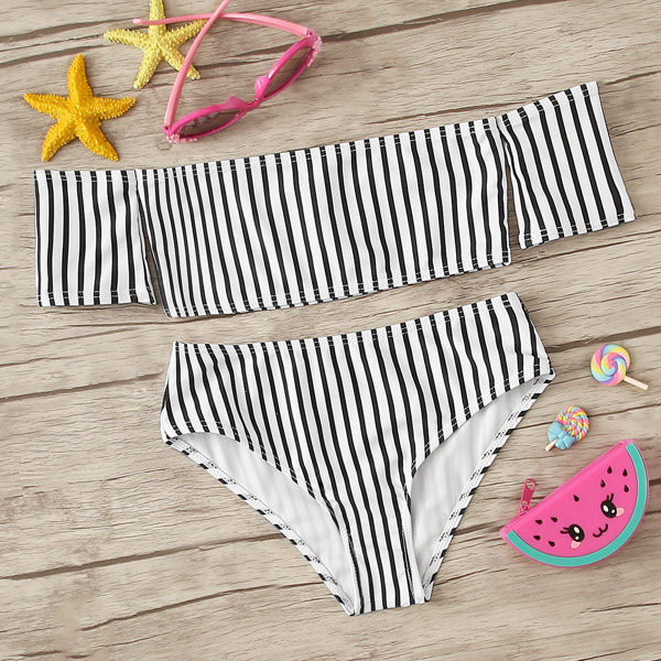 

Girls Striped Bardot Bikini Set, Black and white