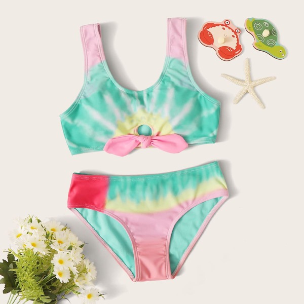 

Girls Tie Dye Knot Front Bikini Set, Multicolor