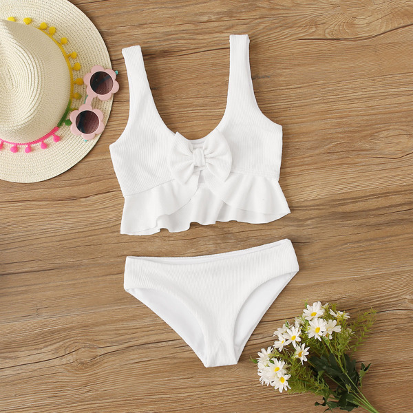 

Girls Rib Bow Decor Ruffle Hem Bikini Set, White