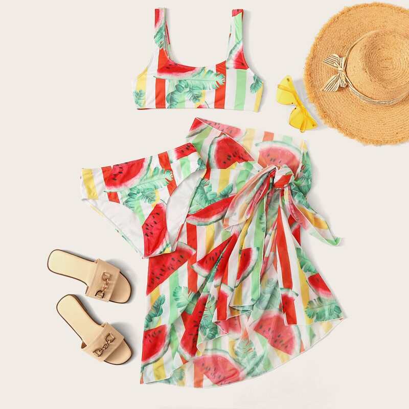 

3pack Watermelon Print Bikini Swimsuit & Beach Skirt, Multicolor