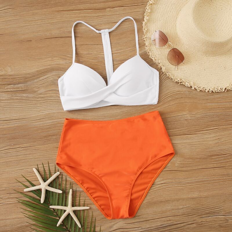

Twist Halter Underwire High Waisted Bikini Swimsuit, Multicolor