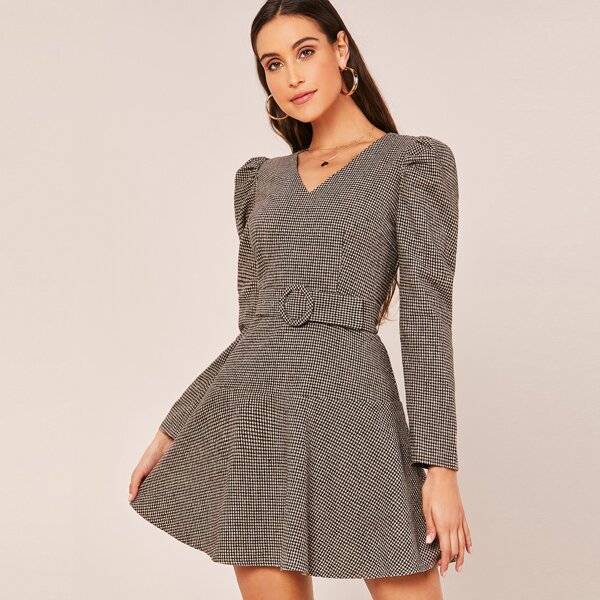 

V-neck Houndstooth Belted Dress, Brown