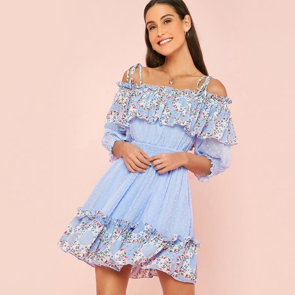 

Knot Shoulder Shirred Waist Ruffle Detail Dress, Blue