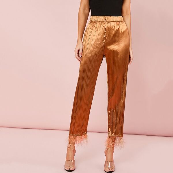 

Faux Feather Hem Pleated Satin Pants, Orange
