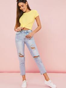 SHEIN Camiseta unicolor tejida waffle - Amarillo - Ver 4