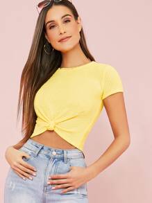 SHEIN Camiseta unicolor tejida waffle - Amarillo - Ver 1