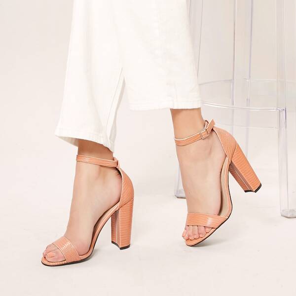 

Lizard Embossed Open Toe Block Heel Sandals, Orange