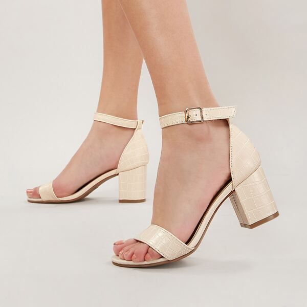 

Crocodile Embossed Open Toe Chunky Heel Sandals, Beige