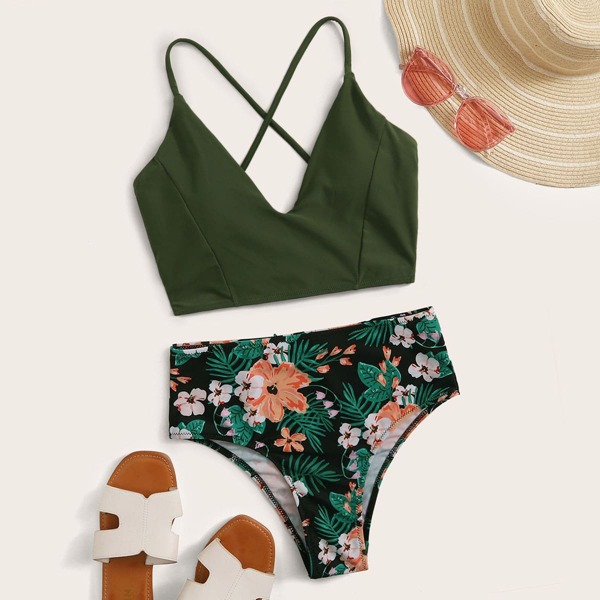 

Бикини с высокой талией и цветочным принтом на шнурках, Многоцветный