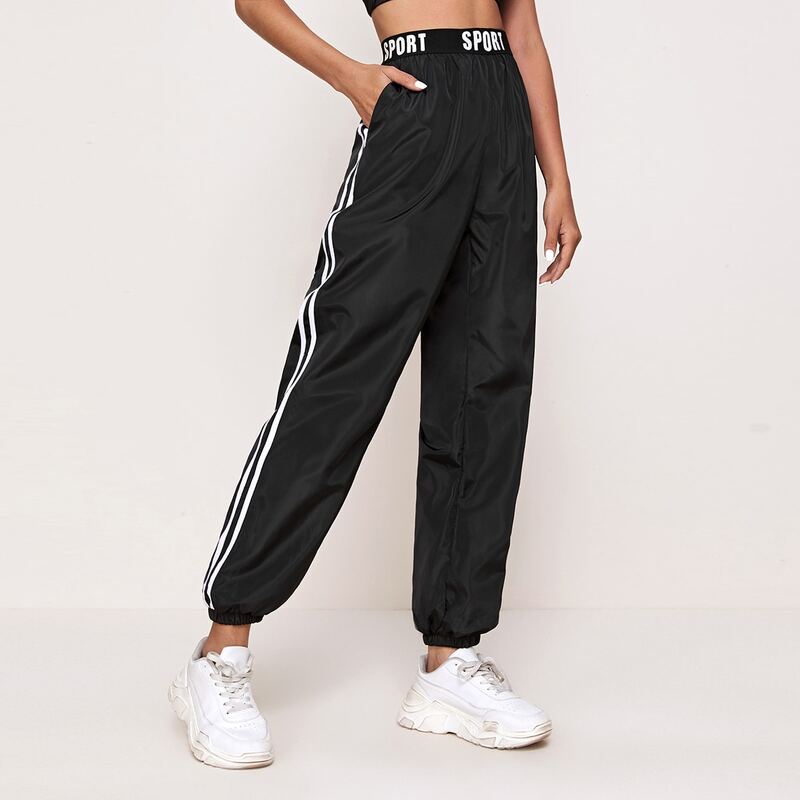 

Letter Tape Waist Striped Side Wind Pants, Black