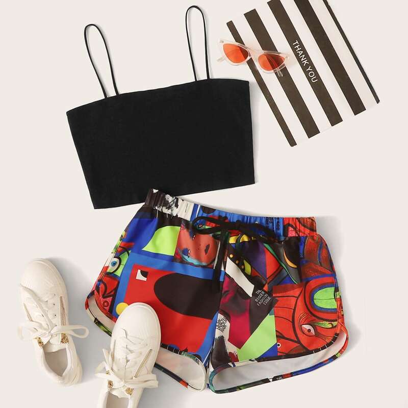 

Cropped Cami Top & Abstract Print Shorts Set, Multicolor