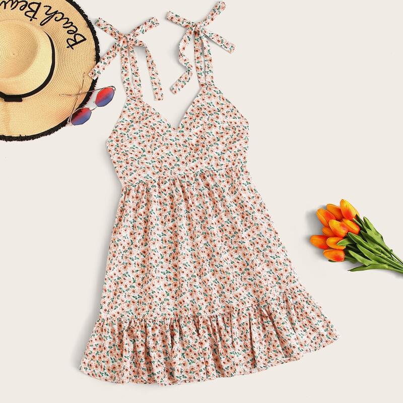 

Ditsy Floral Self-Tie Cami Mini Dress, Multicolor