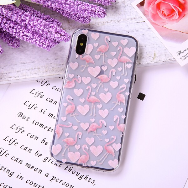 

Flamingo & Heart Print iPhone Case, Pink