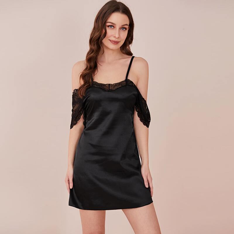 

Lace Panel Satin Night Dress, Black