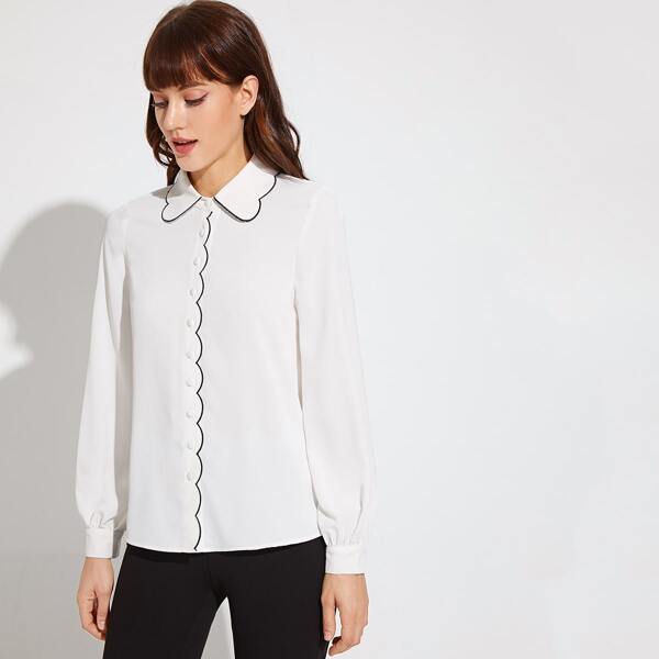 

Contrast Trim Scallop Edge Blouse, White