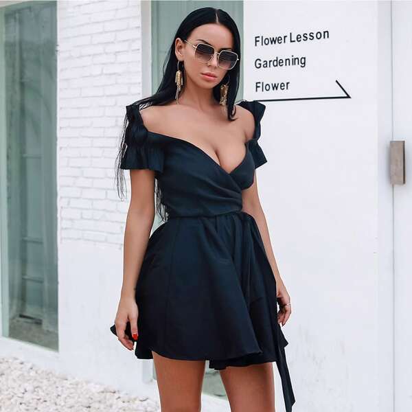

Missord Plunging Neck Belted A-line Dress, Black