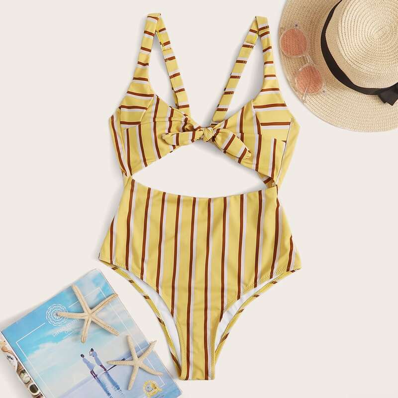

Striped Tie Front Cut-out One Piece Swimsuit, Yellow