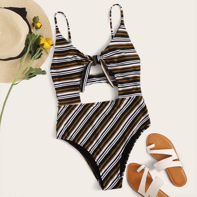 

Striped Tie Front Cut-out One Piece Swimsuit, Multicolor