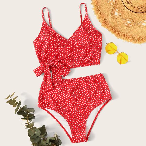 

Ditsy Floral Print Tie Side Top With High Waisted Bikini, Red