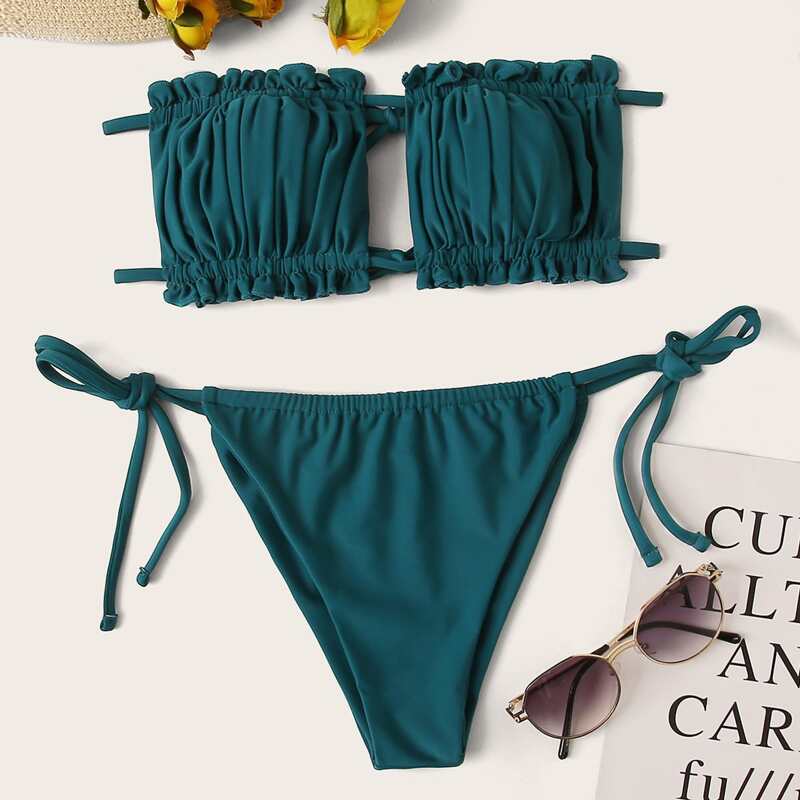 

Frill Trim Ruched Bandeau Tie Side Bikini Swimsuit, Green