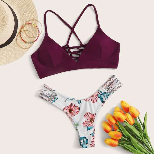 

Random Floral Braided Strap Lace Up Bikini Swimsuit, Multicolor