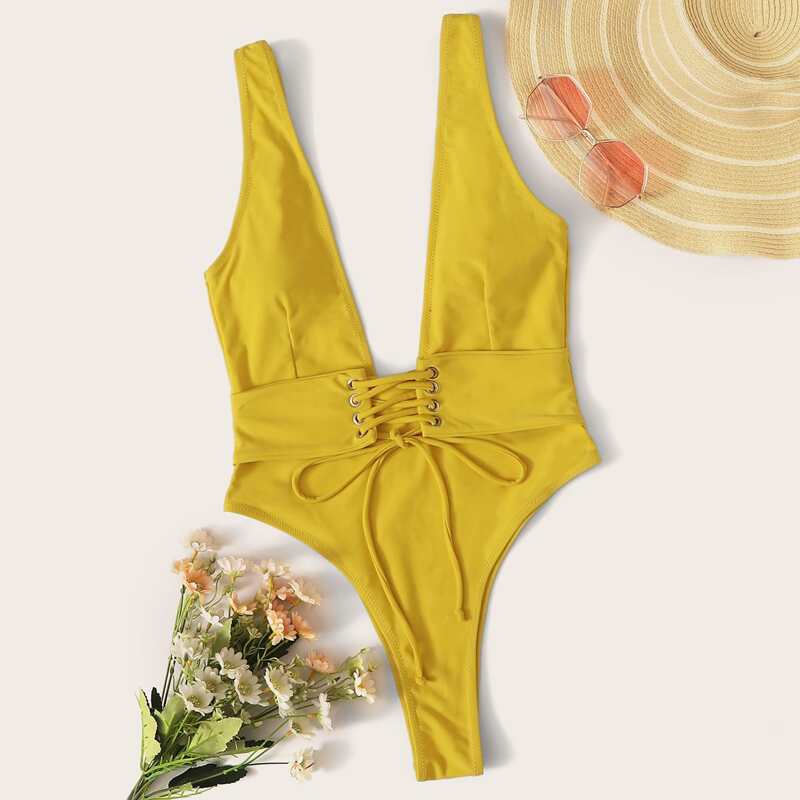 

Lace Up Front Plunging One Piece Swimsuit, Yellow