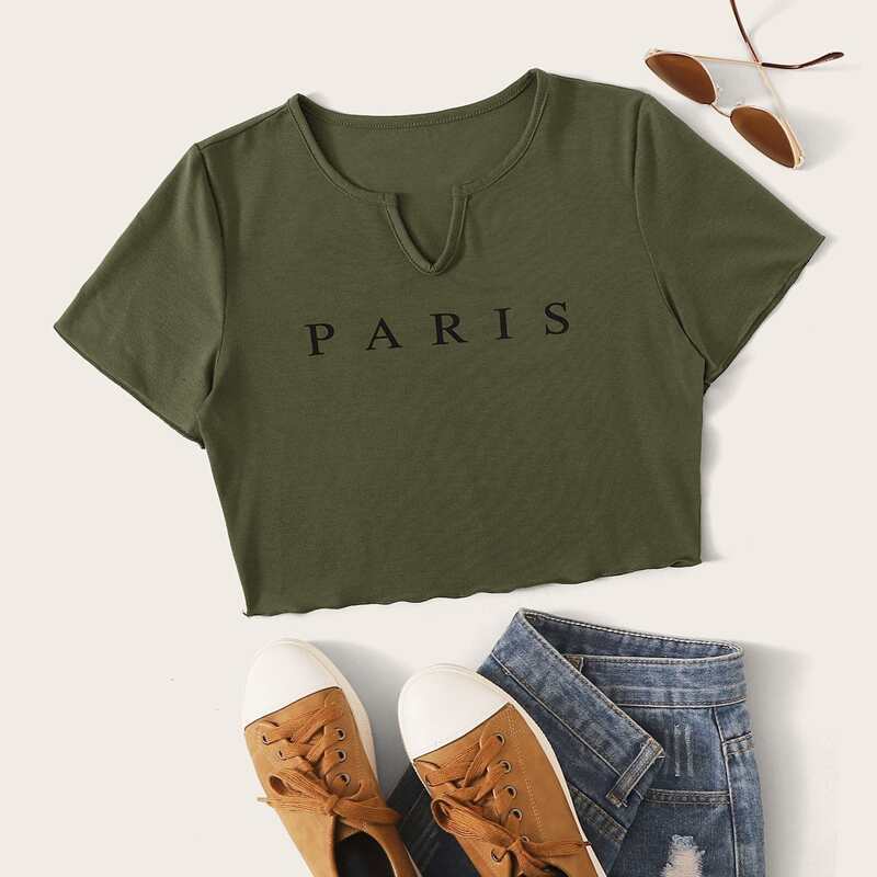 

Paris Graphic Notch Neck Crop Top, Army green
