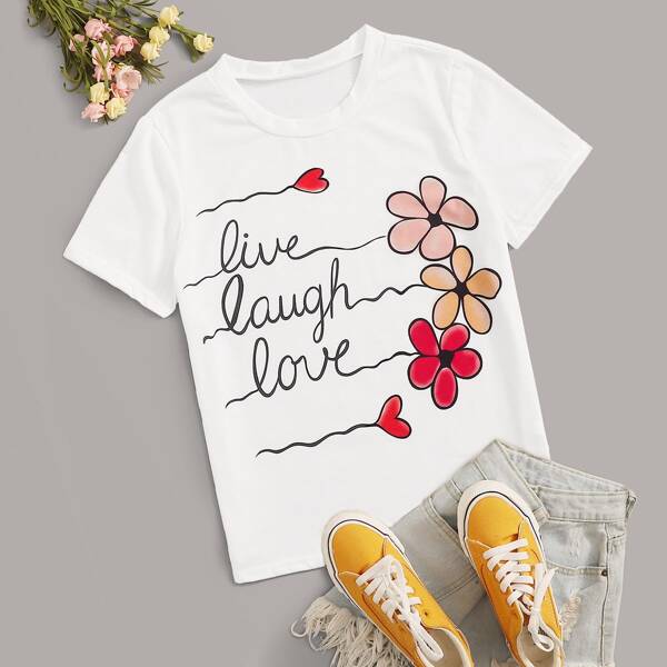 

Letter & Floral Print Tee, White
